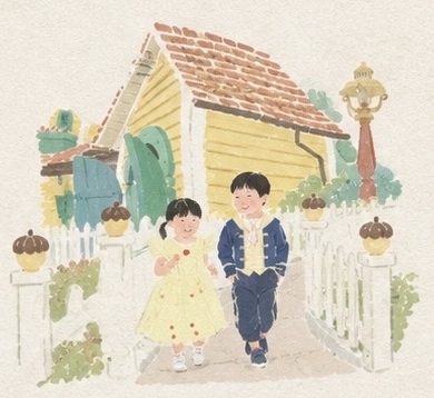 子供たちが明るい色のドレスを着て、可愛い家の前を歩いているイラスト