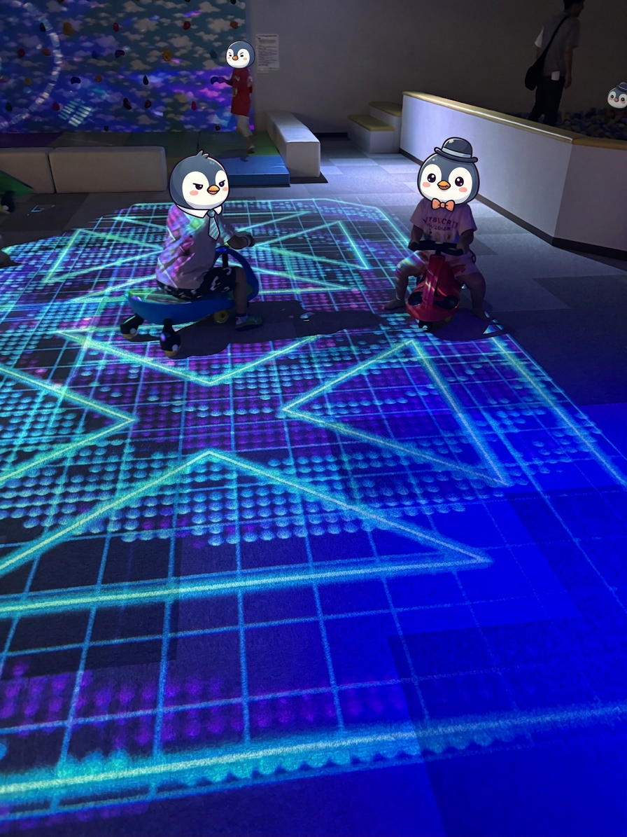 img_4370 子供たちがカラフルなプロジェクションが映し出された床の上で遊んでいる様子。