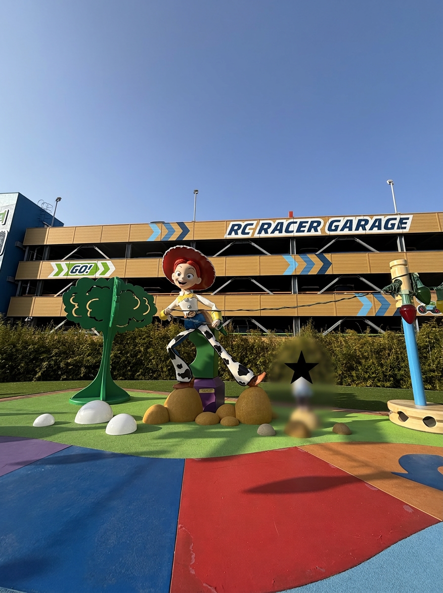 カラフルな遊び場に立つキャラクター、ジェシー。背景にはRCレーサーガレージのサインがある。