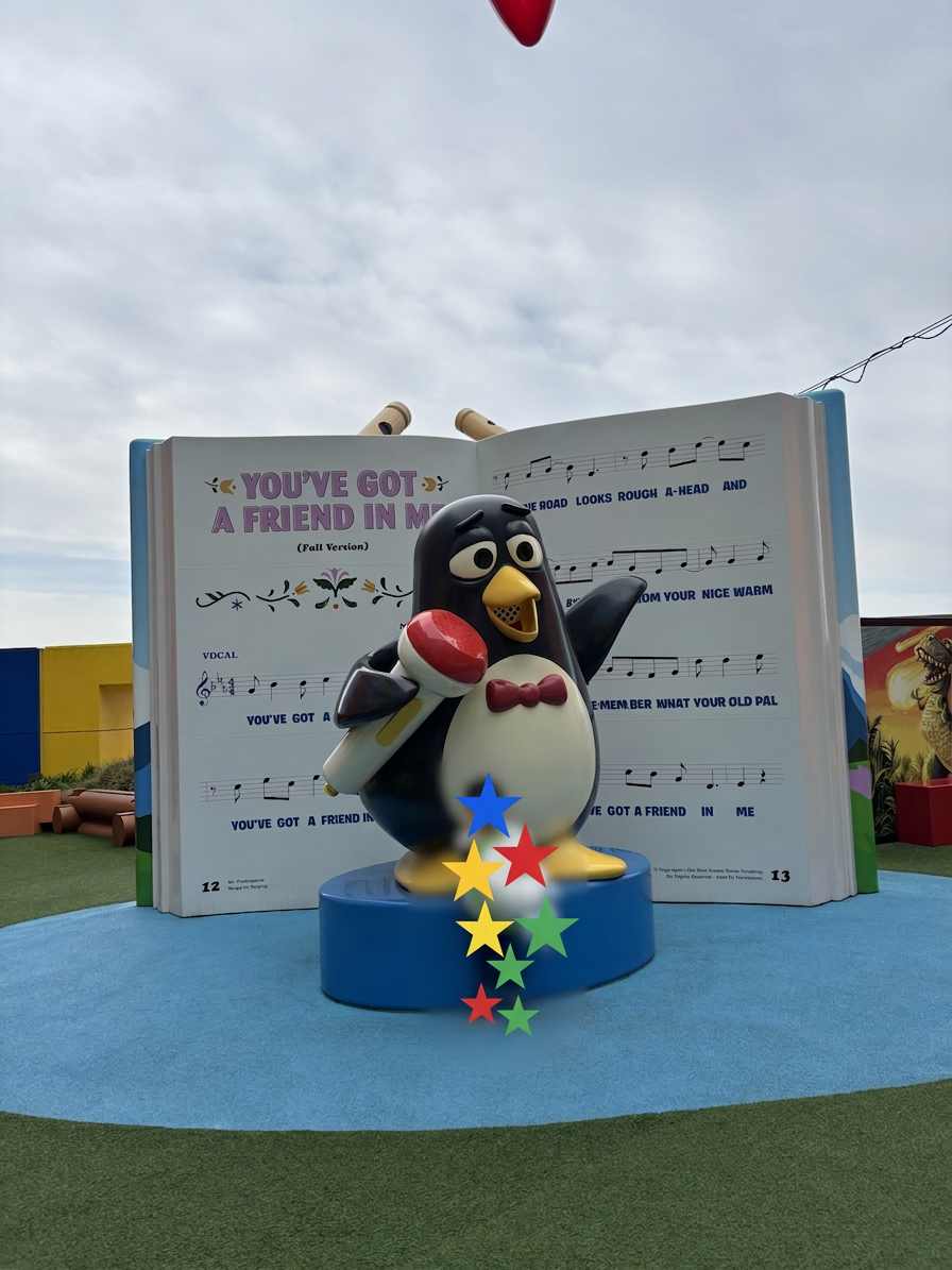 音楽のメモが描かれた大きな本の前に立つペンギンのキャラクター。ペンギンはマラカスを持ち、青い台の上に立っています。周囲にはカラフルな星の装飾があります。