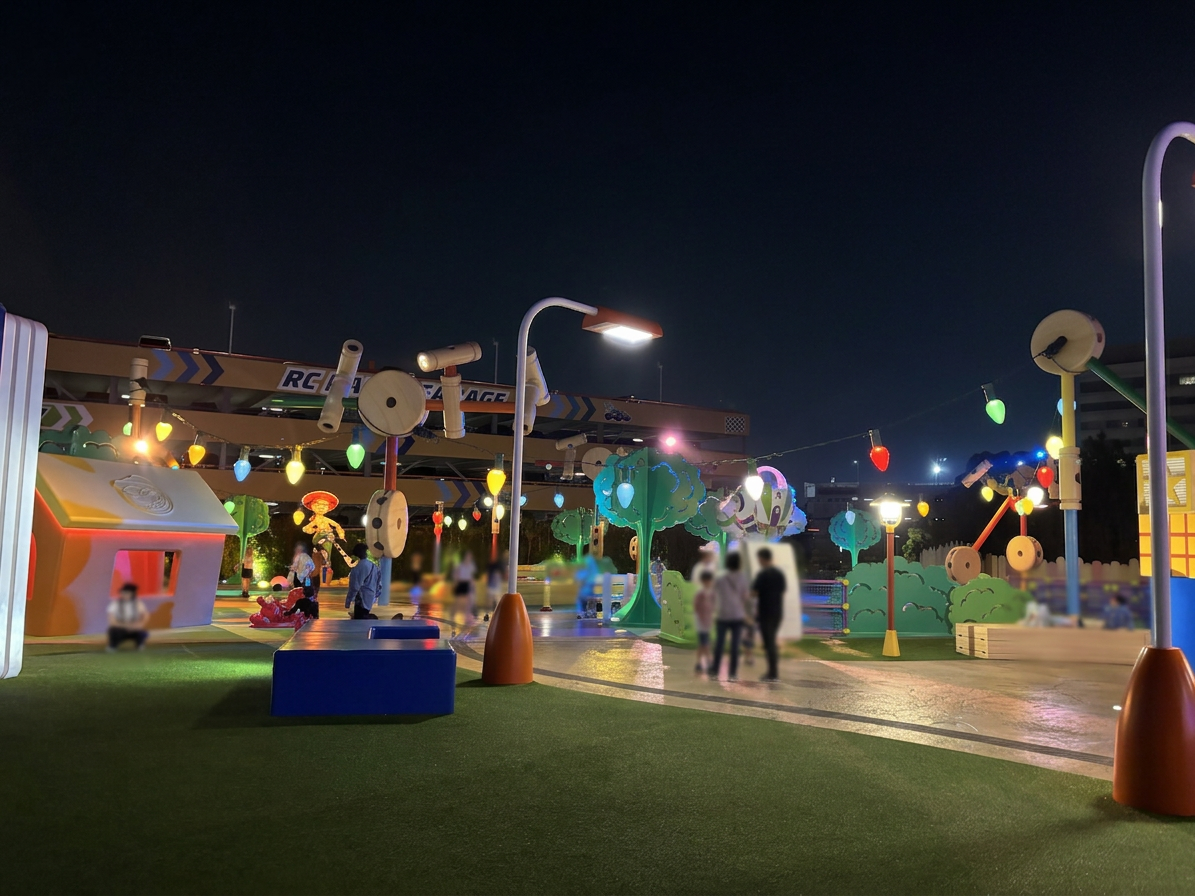 トイストーリーホテル夜 夜の遊び場の風景。カラフルな電飾や遊具が並び、子供たちが楽しそうに遊んでいる。